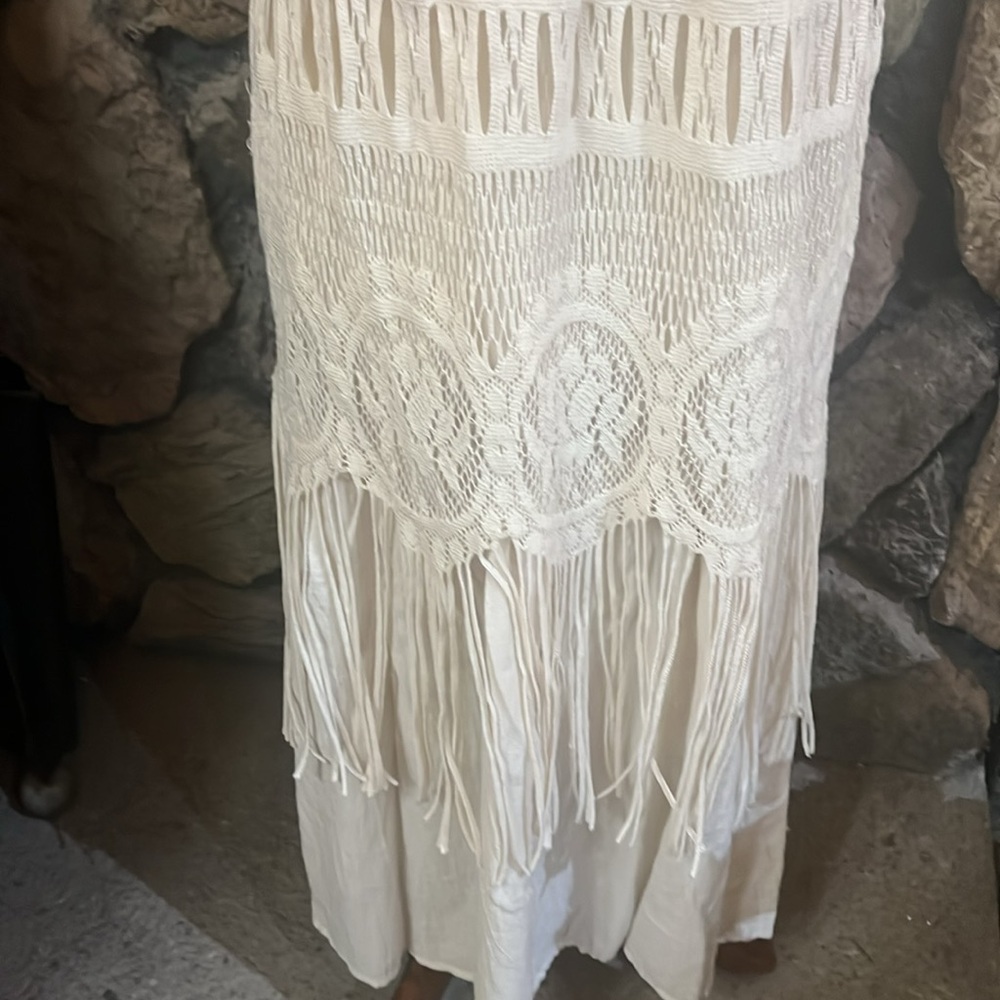 White Crochet Maxi Dress with Fringe - Picture 3 of 6